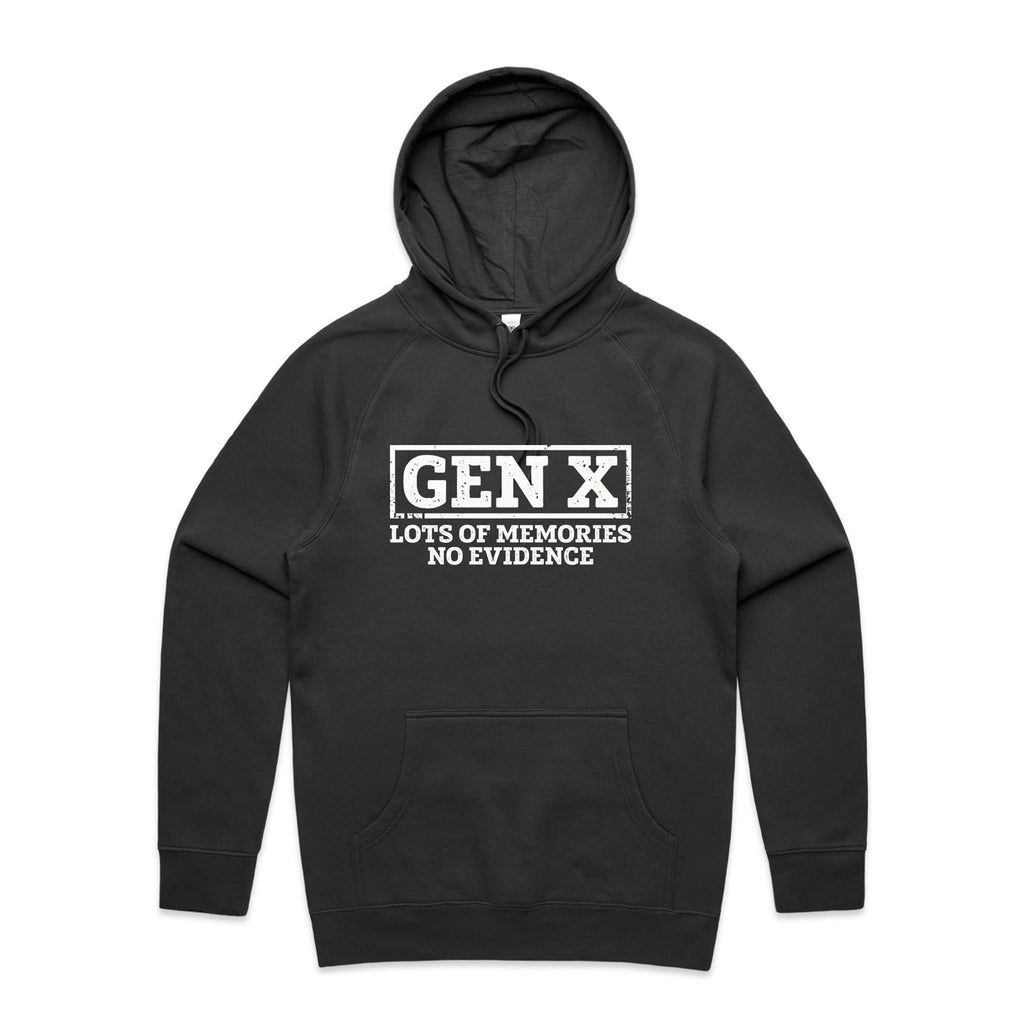 Gen X, Lots Of Memories, No Evidence Men's AS Colour Hoodie Coal Mens Hoodie Printed In Australia