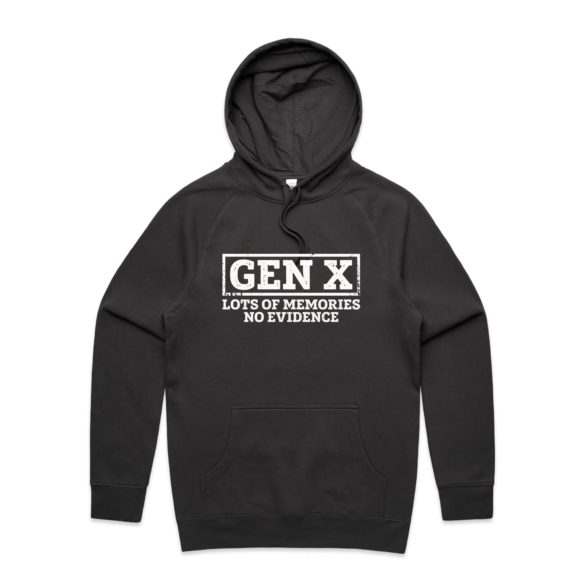 Gen X, Lots Of Memories, No Evidence Men's AS Colour Hoodie Coal Mens Hoodie Printed In Australia