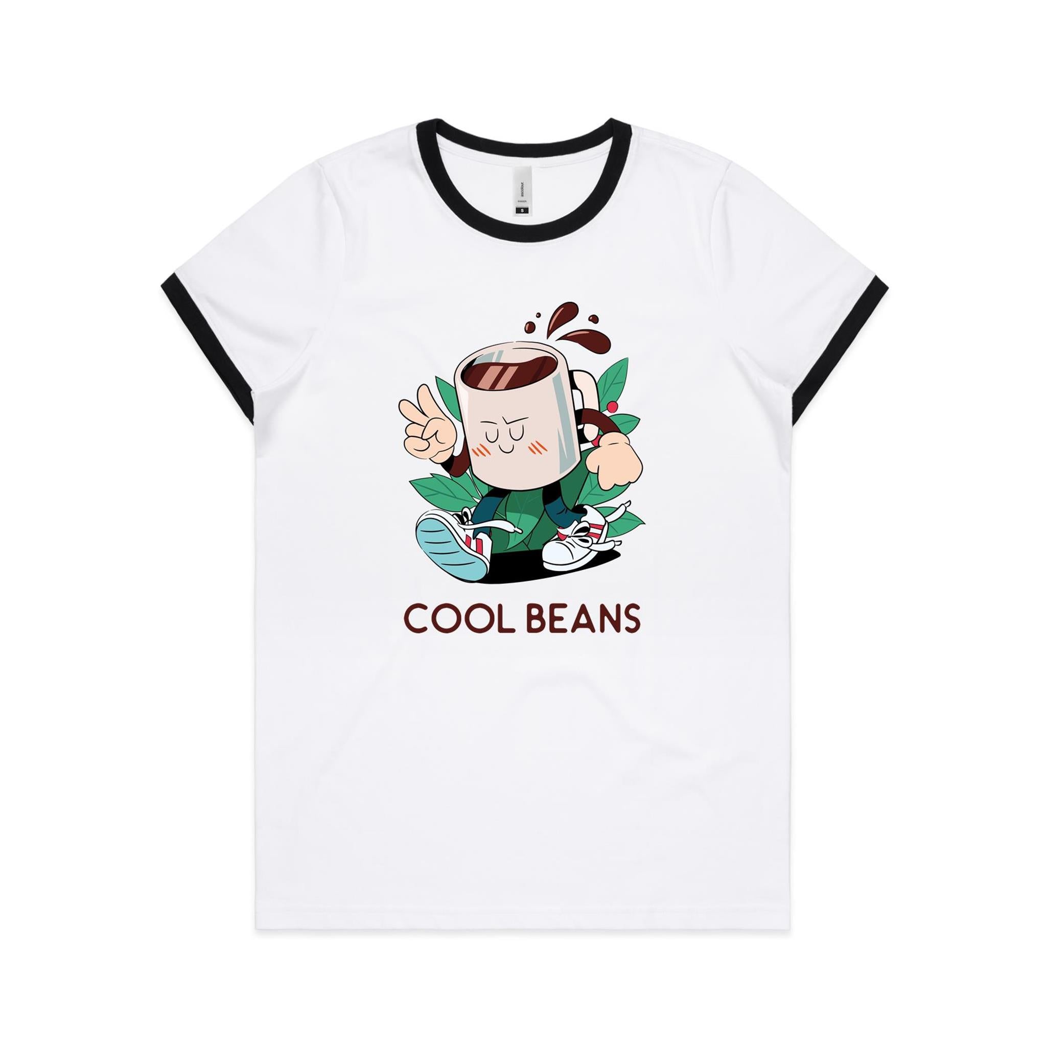 Cool Beans, Coffee - Women's Ringer Tee White Black Womens Ringer T-shirt Coffee Printed In Australia