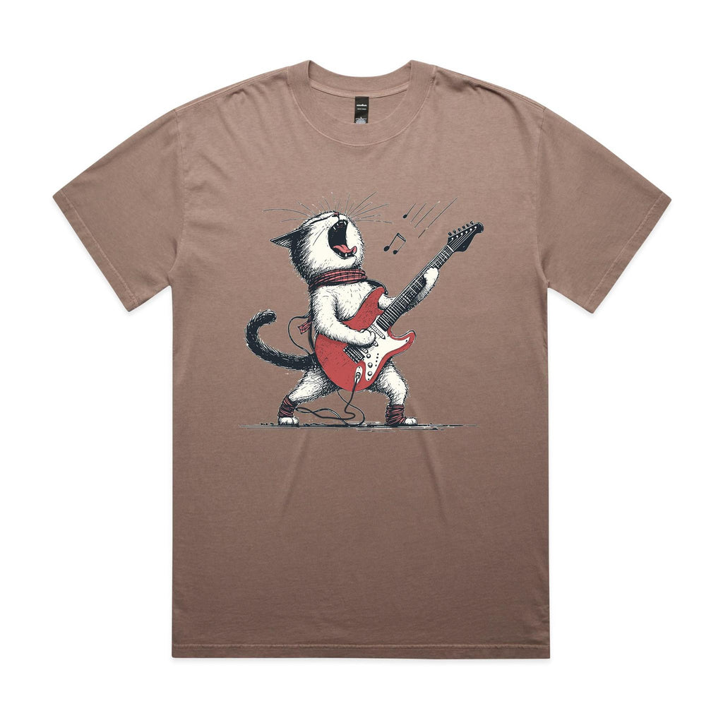 Cat Playing Guitar AS Colour Heavy Faded Tee Unisex Faded mushroom Heavy Faded T-shirt animal Music Printed In Australia