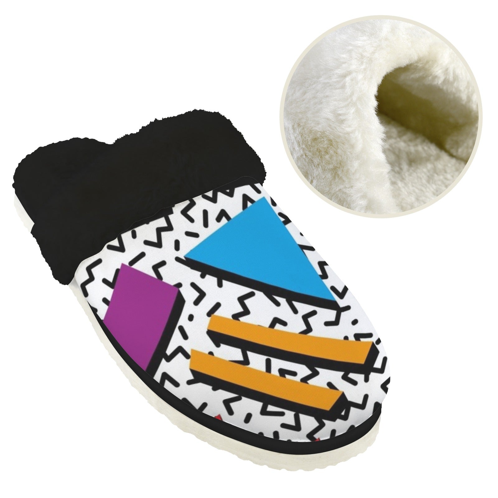 80's Abstract - Men's Fur Trim Thick-Sole Indoor Slippers Men's Fur Trimmed Slippers Printed Offshore Retro