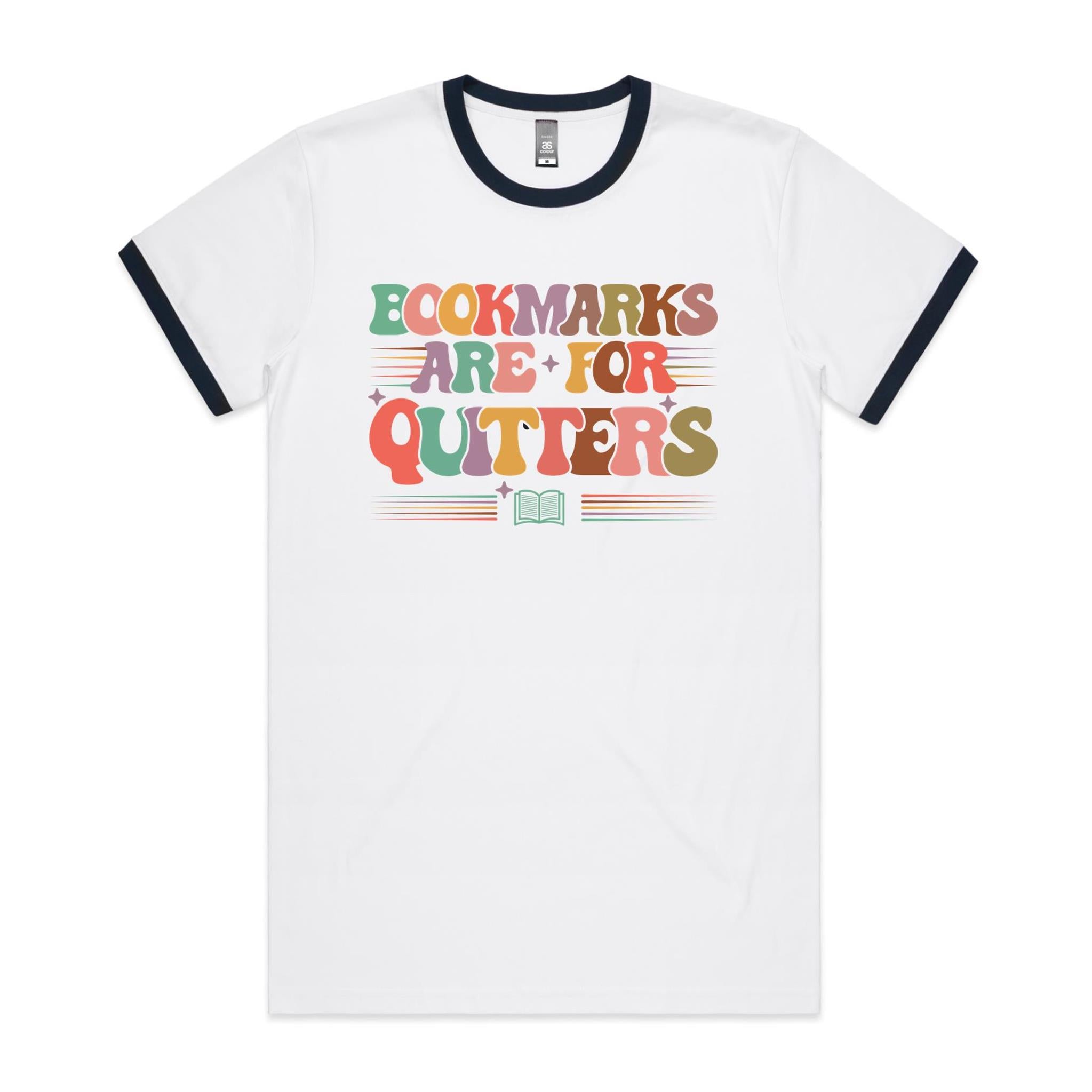 Bookmarks Are For Quitters - Staple Ringer Tee White Navy Ringer T-Shirt Printed In Australia Reading