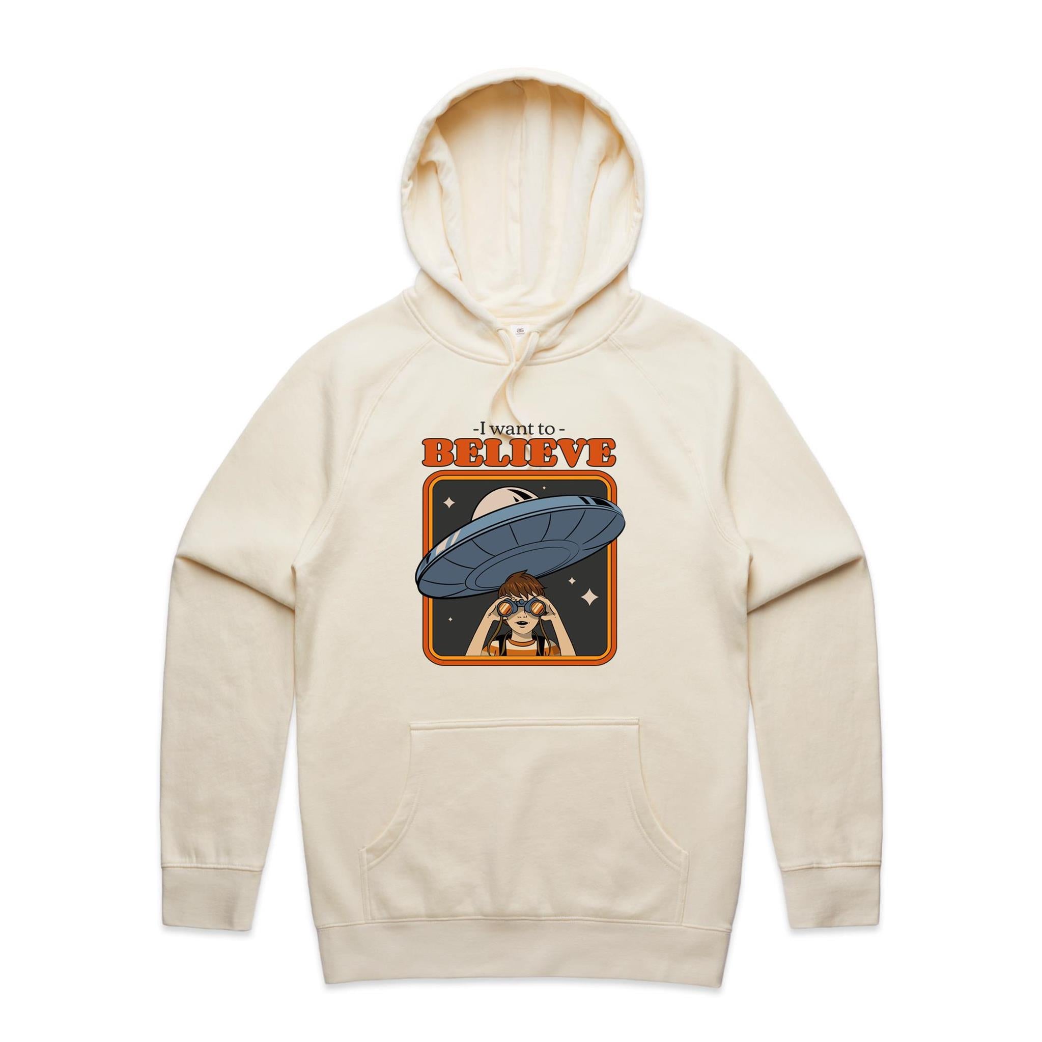 UFO, I Want To Believe - Mens Hoodie Ecru Mens Hoodie Printed In Australia Sci Fi