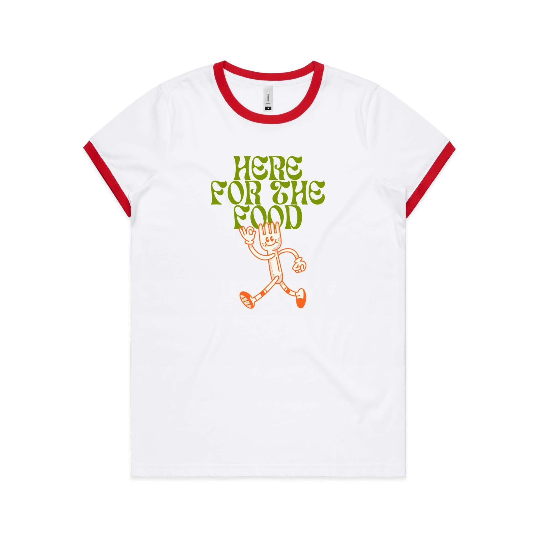 Here For The Food - Women's Ringer Tee White Red Womens Ringer T-shirt Food Printed In Australia