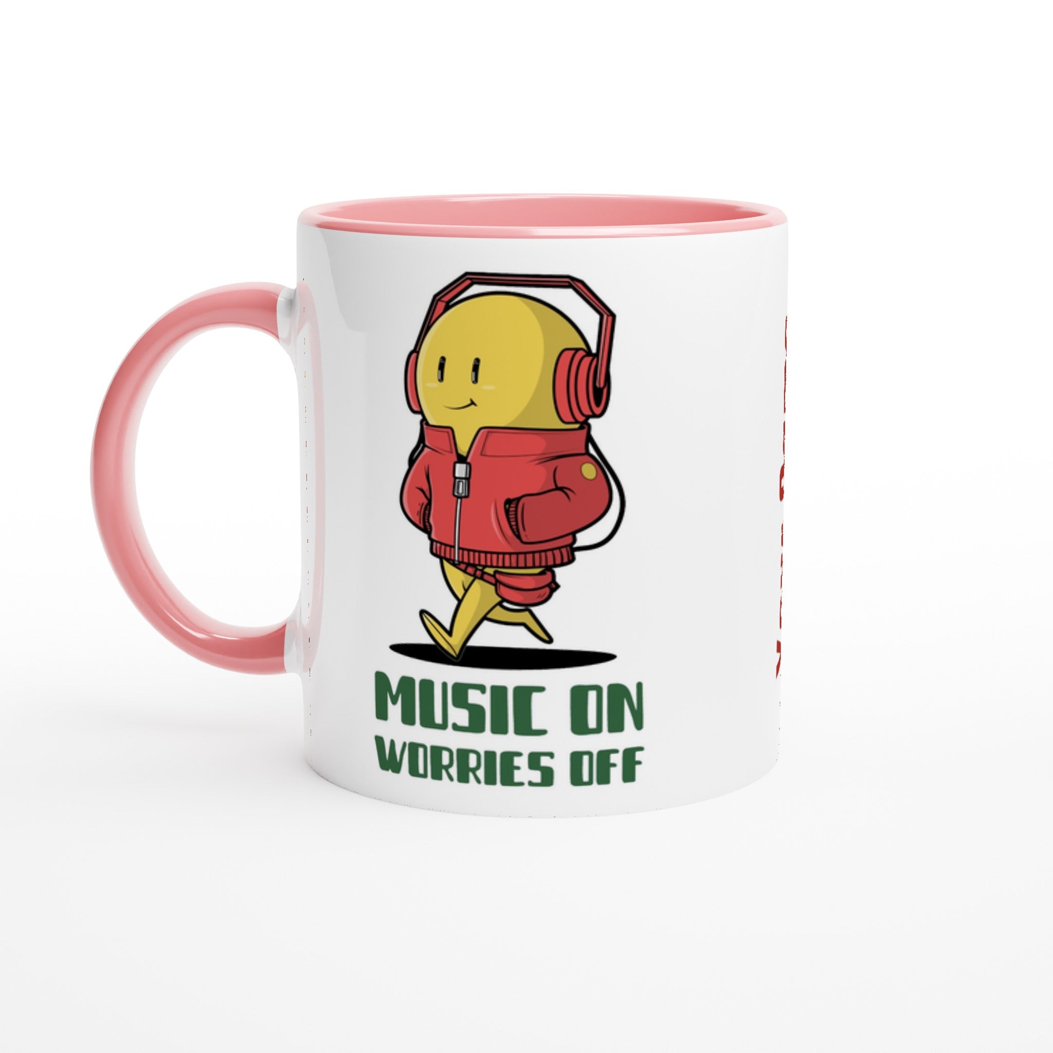 Personalised - Music On, Worries Off - White 11oz Ceramic Mug with Colour Inside Ceramic Pink Personalised 11oz Mug customise Globally Fulfilled Music personalise