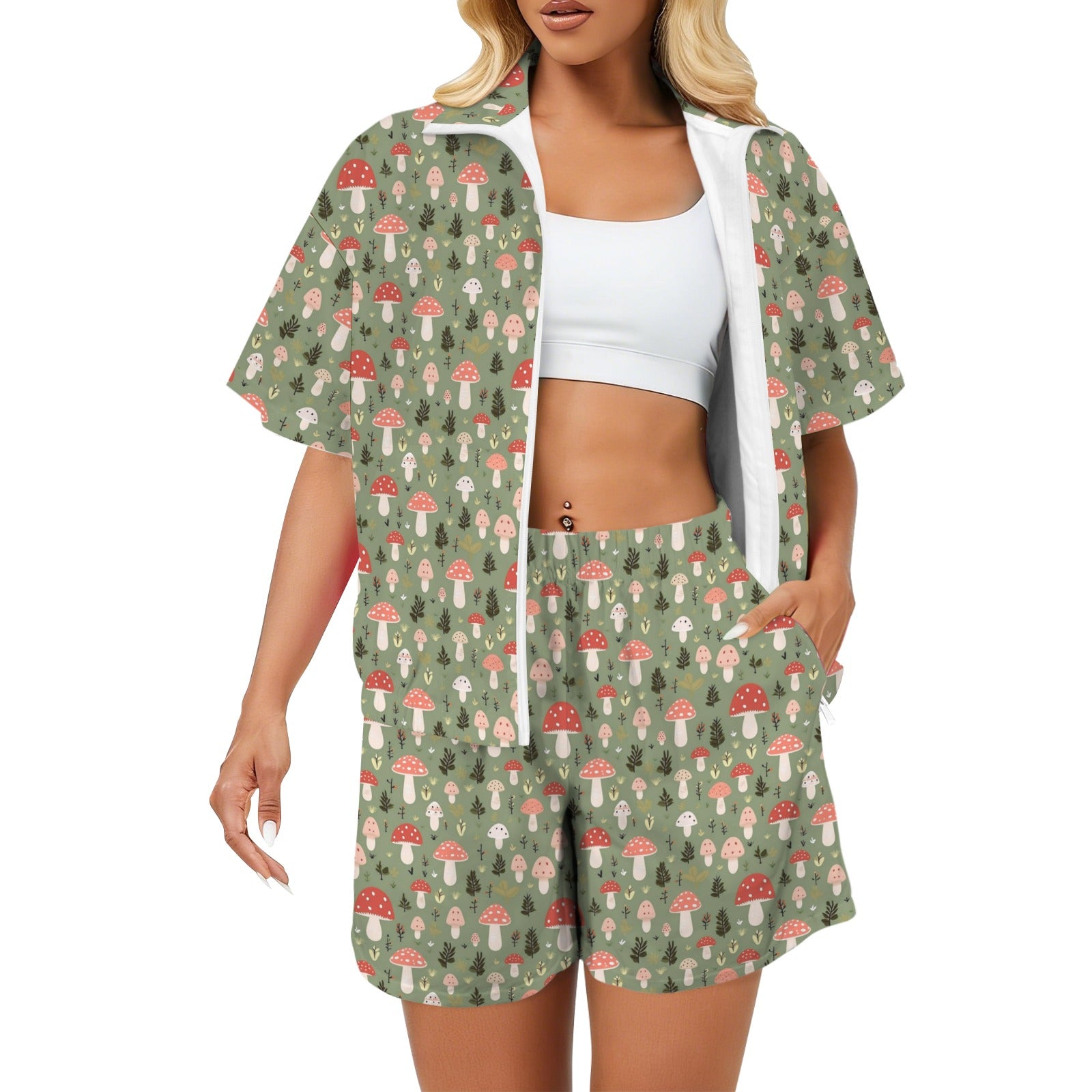 Mushroom Garden Women's Windbreaker Short Set 2XL Women's Windbreaker Short Set Plants Printed Offshore