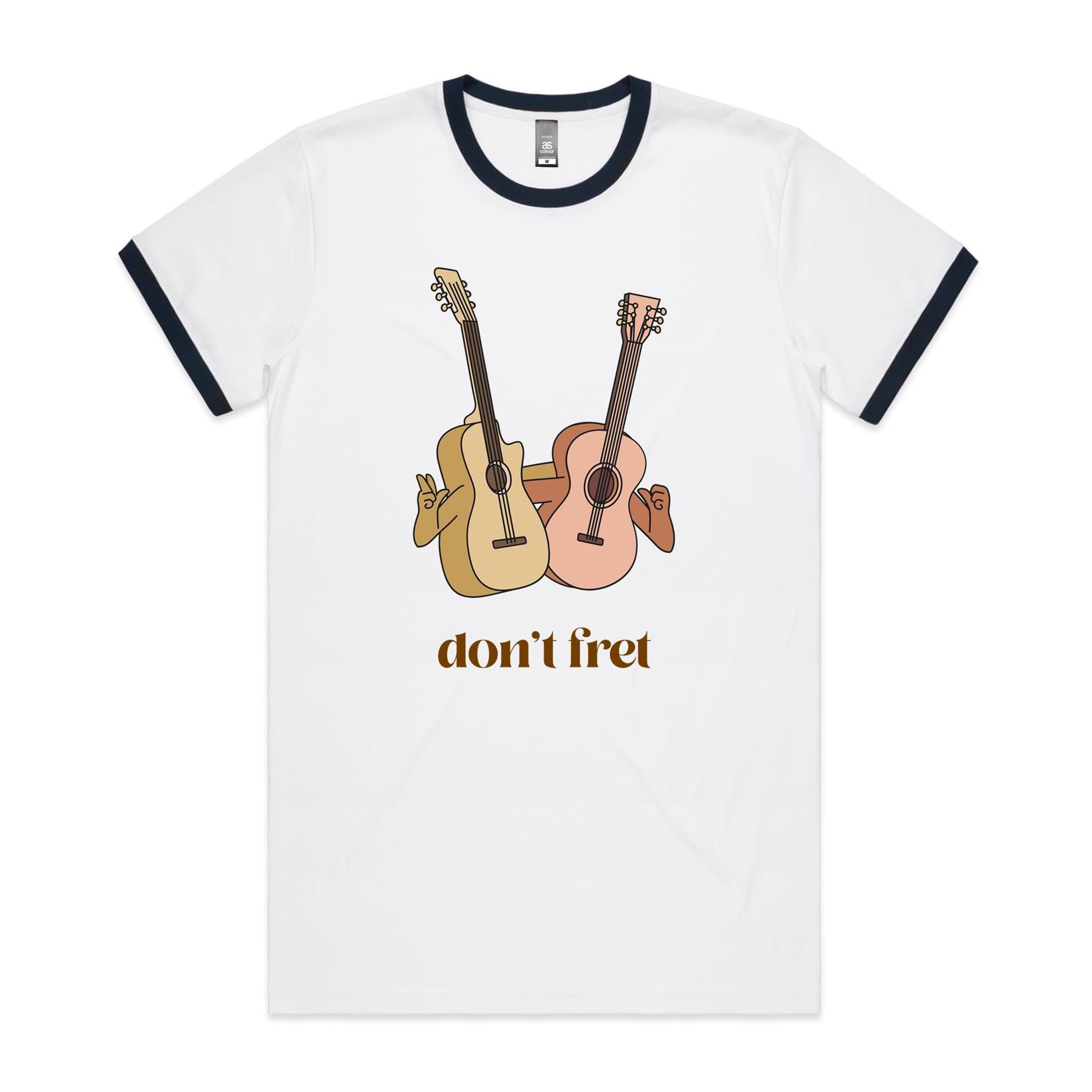 Guitars, Don't Fret - Staple Ringer Tee White Navy Ringer T-Shirt Music Printed In Australia