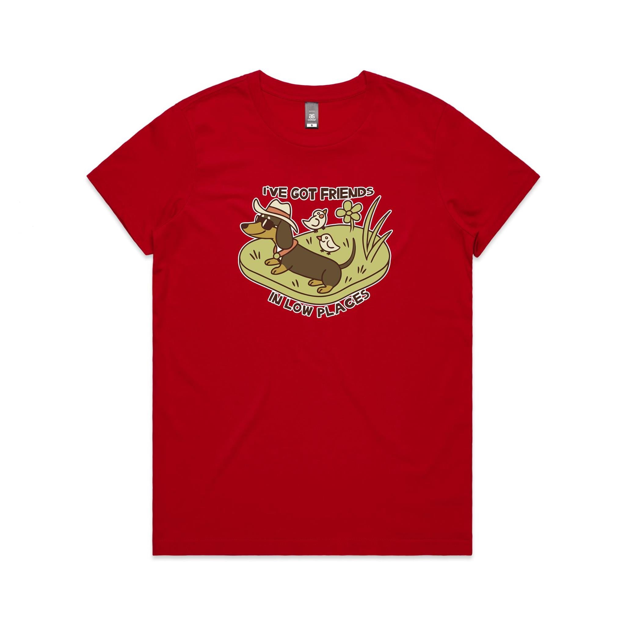 Dachshund, I've Got Friends In Low Places Women's AS Colour T-shirt Red Womens T-shirt animal Printed In Australia
