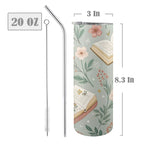 Books And Flowers In Green - 20oz Tall Skinny Tumbler with Lid and Straw