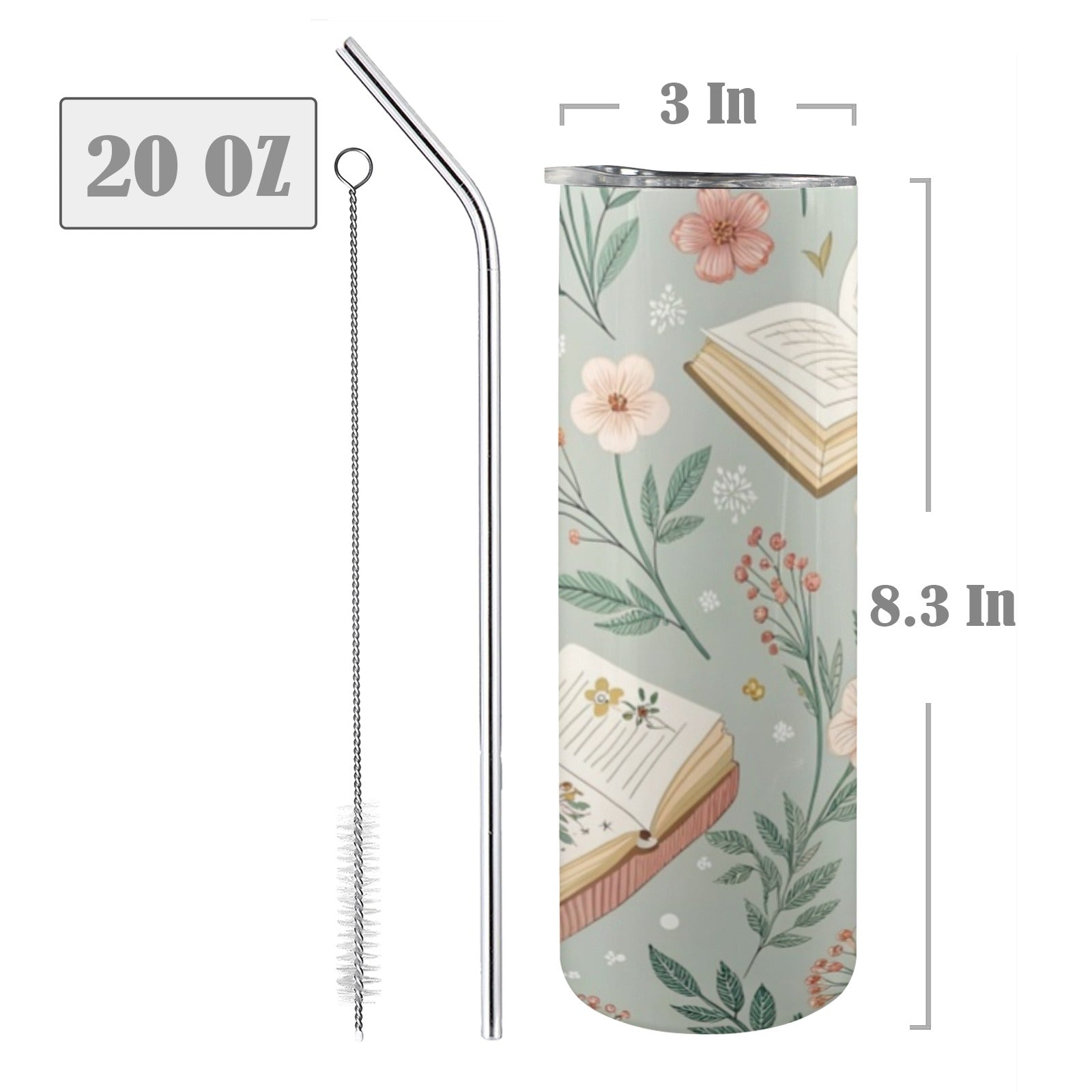 Books And Flowers In Green - 20oz Tall Skinny Tumbler with Lid and Straw