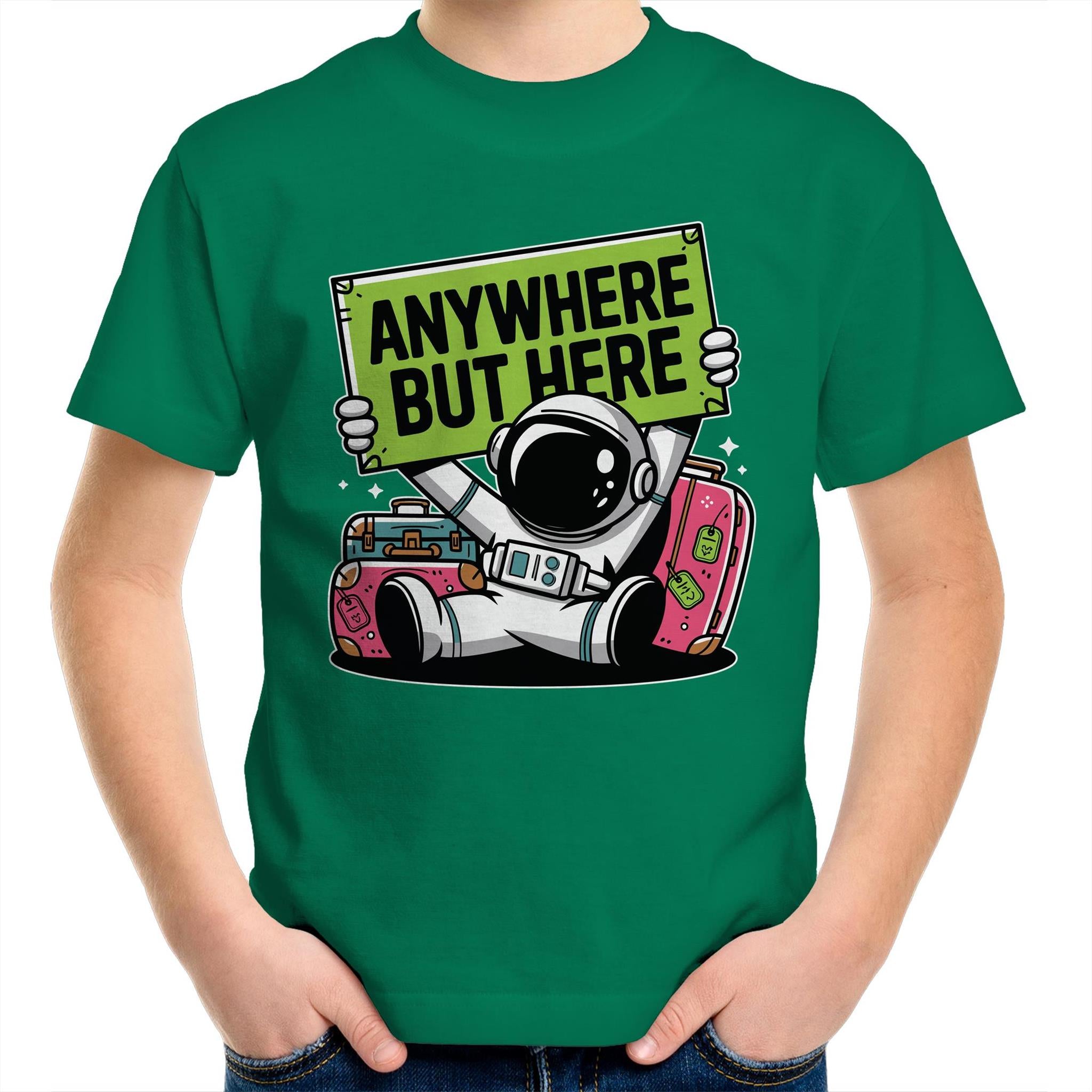 Astronaut, Anywhere But Here - Kids Youth T-Shirt Kelly Green Kids Youth T-shirt Printed In Australia Space