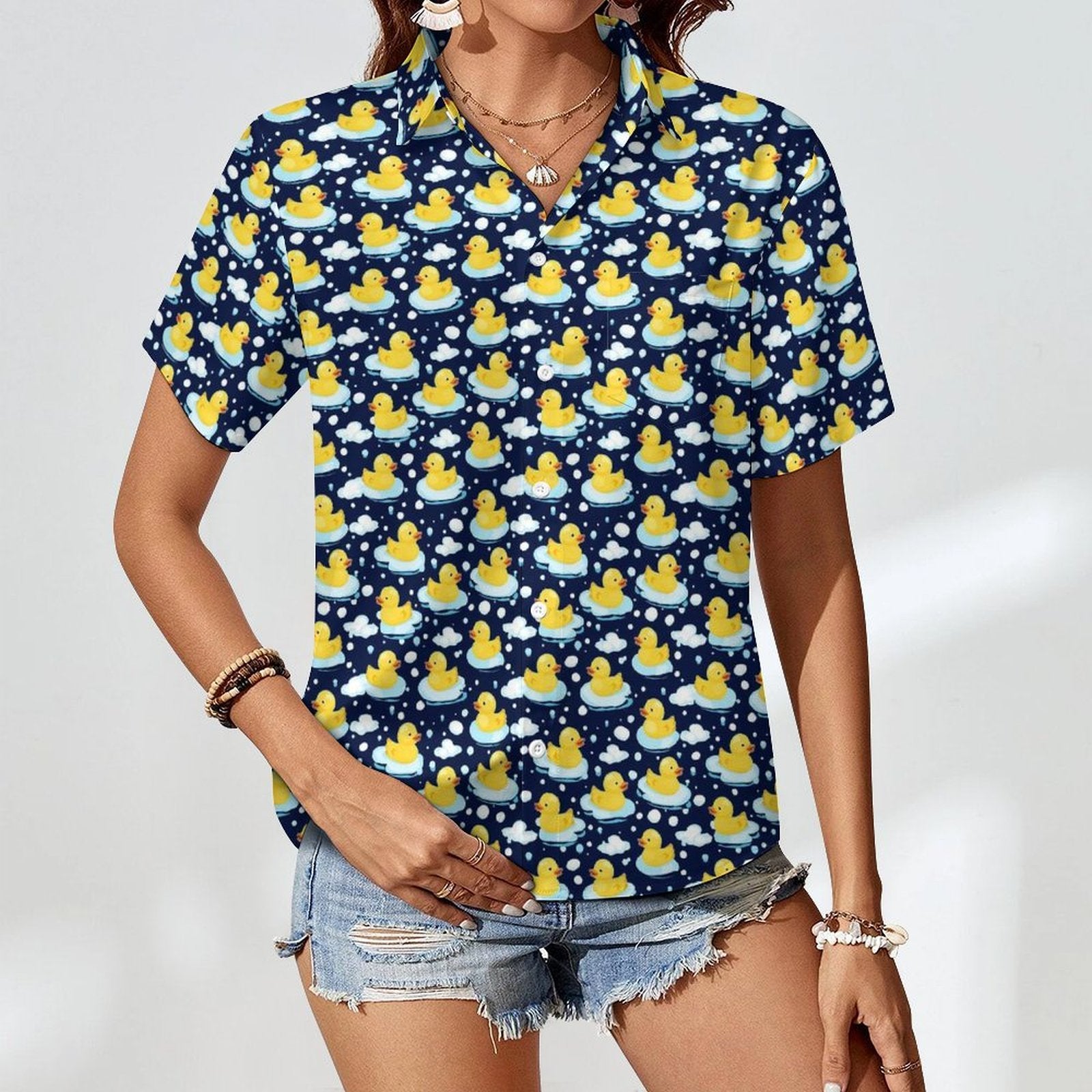 Rubber Ducks On Dark Women's Short-Sleeve Button Up Shirt