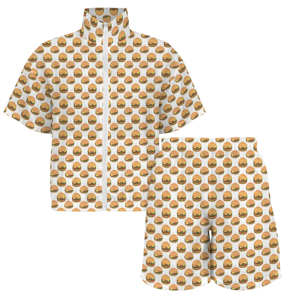 Hamburgers on White Women's Windbreaker Short Set Women's Windbreaker Short Set Food Printed Offshore