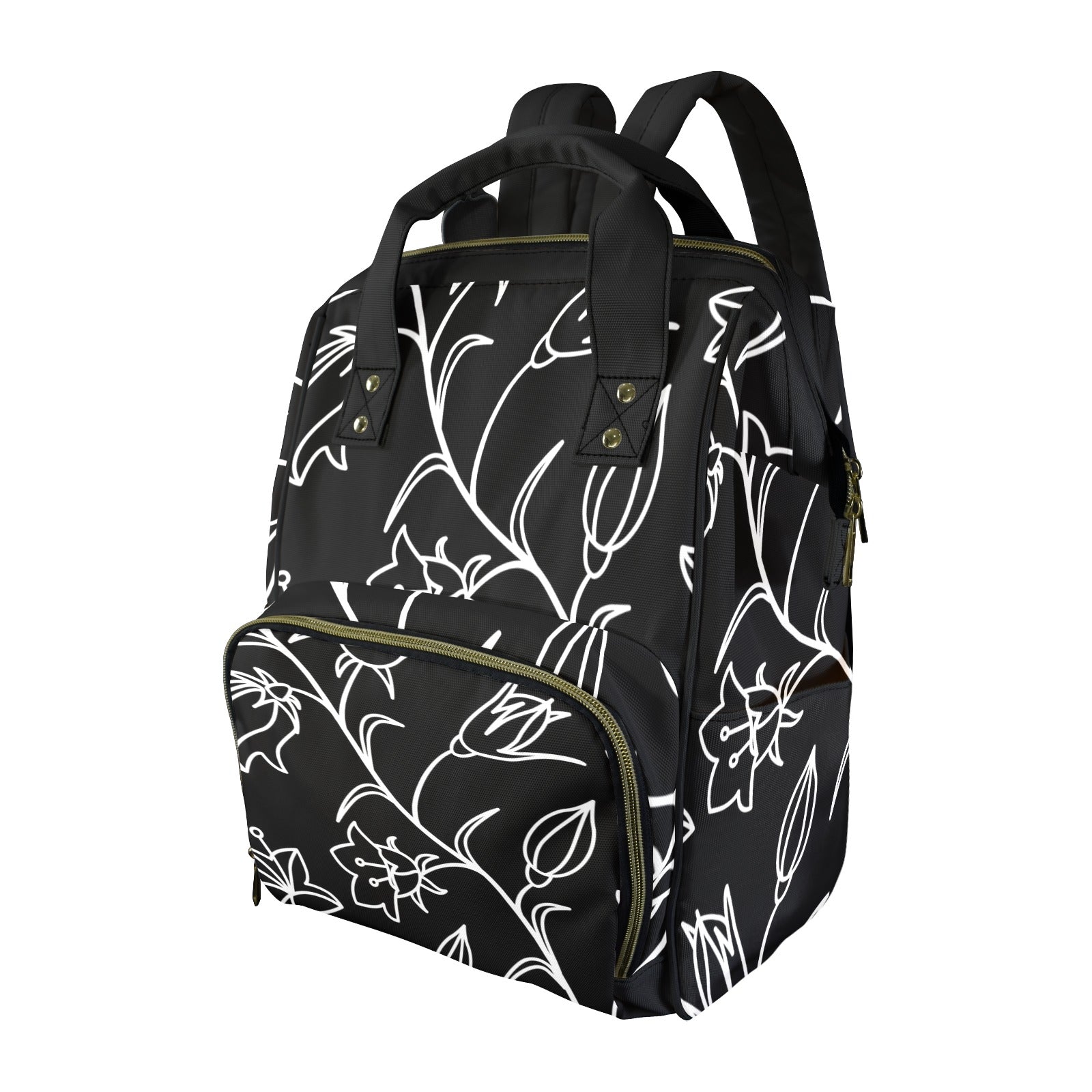 Black And White Floral - Multi-Function Backpack, Nappy / Diaper Bag
