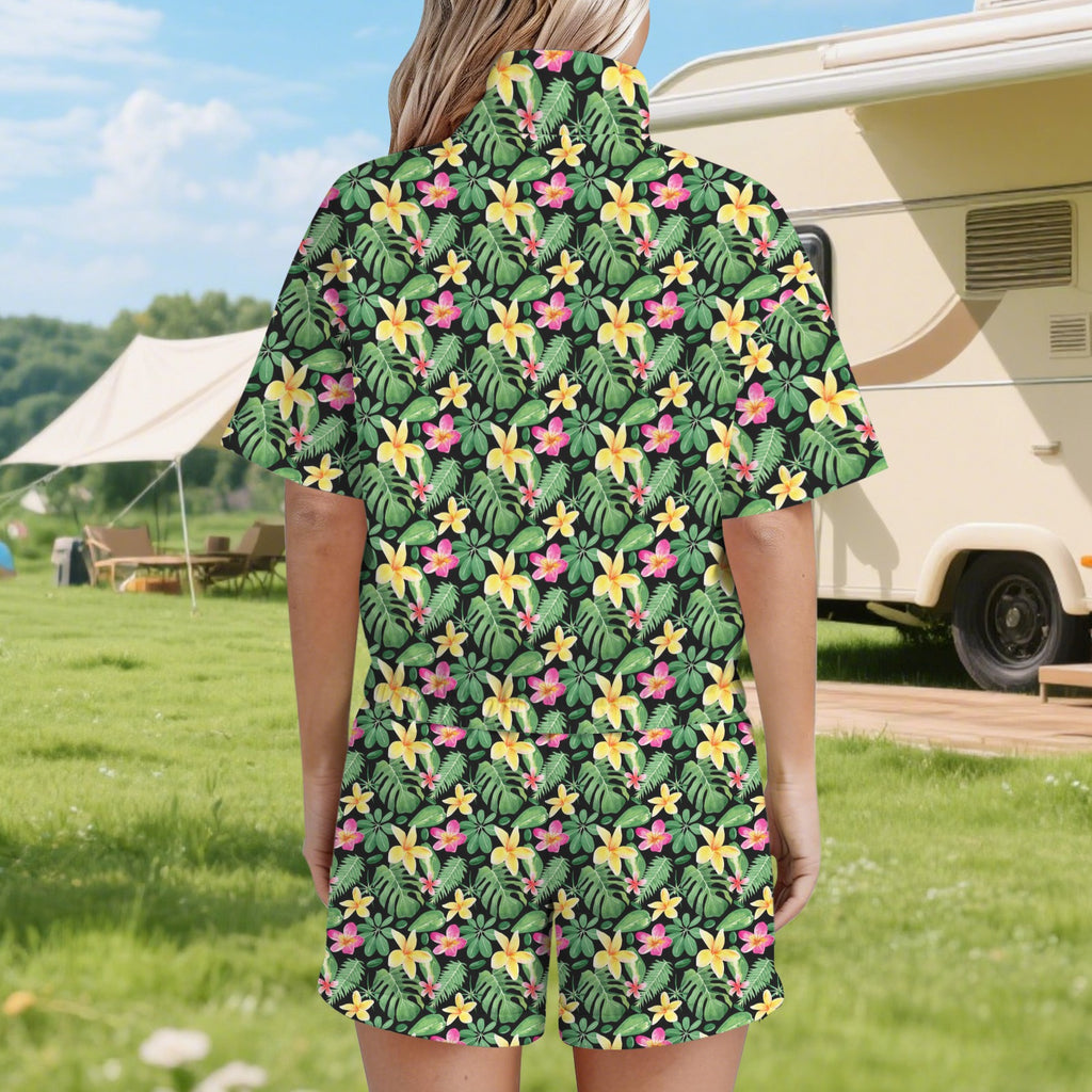 Frangipani Women's Windbreaker Short Set Women's Windbreaker Short Set Plants Printed Offshore