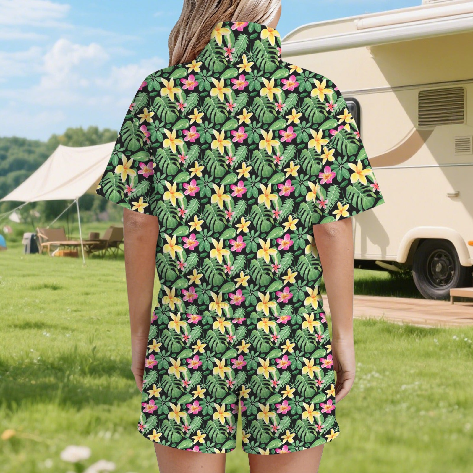 Frangipani Women's Windbreaker Short Set Women's Windbreaker Short Set Plants Printed Offshore