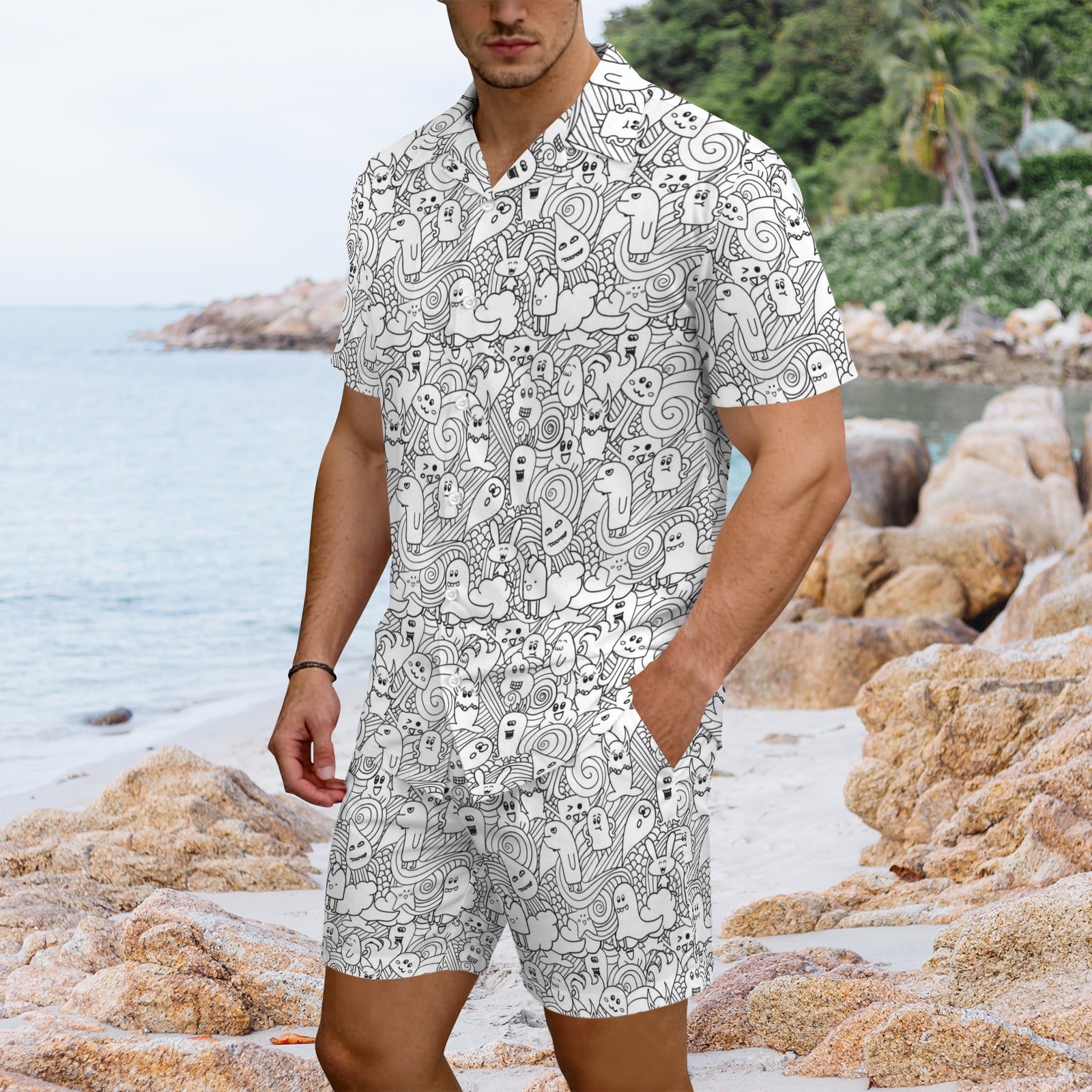 Black And White Creatures - Men's Hawaiian Shirt & Shorts Set