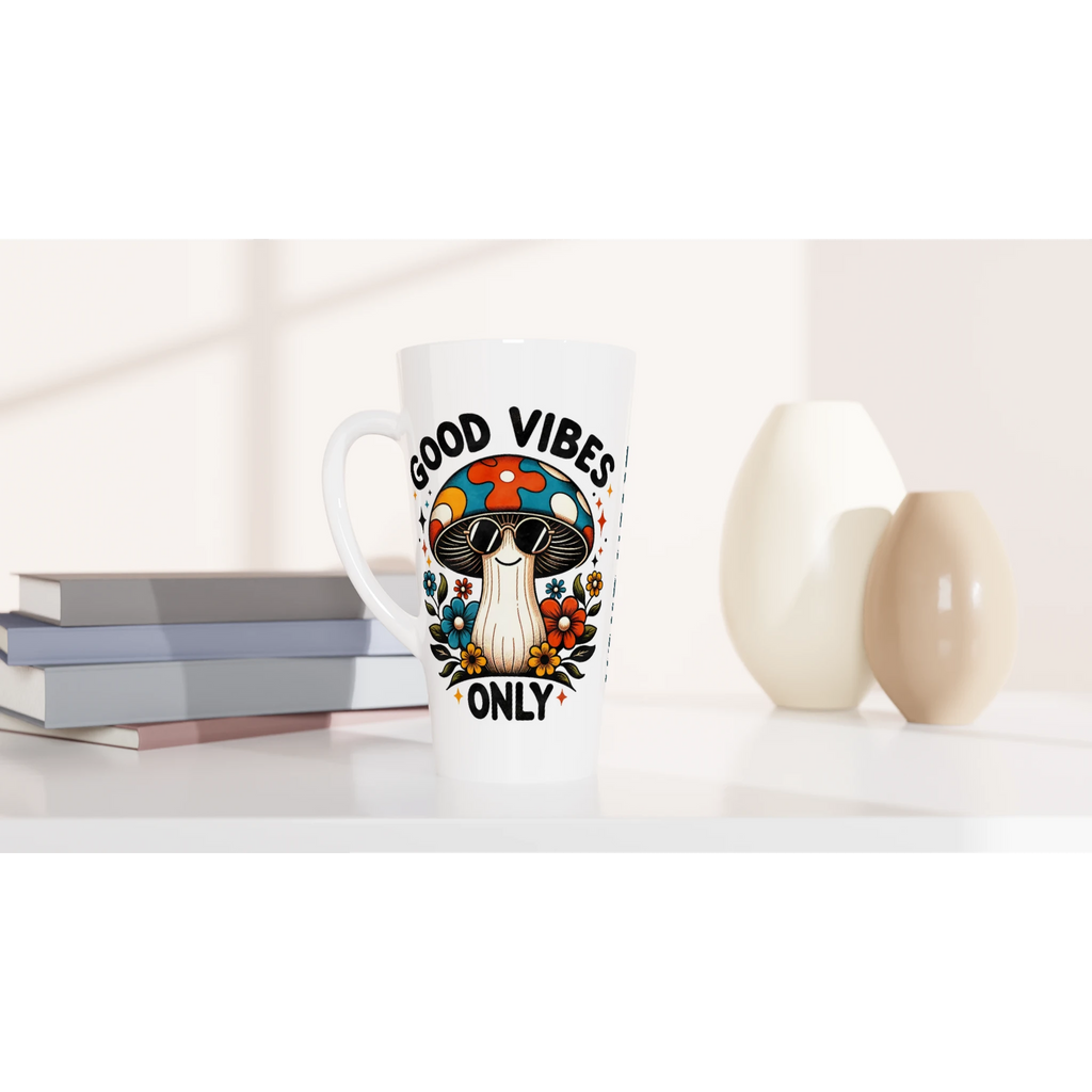 Personalised Good Vibes Only, Hippie Mushroom With Sunglasses White Latte 17oz Ceramic Mug Personalised Latte Mug Globally Fulfilled Positivity
