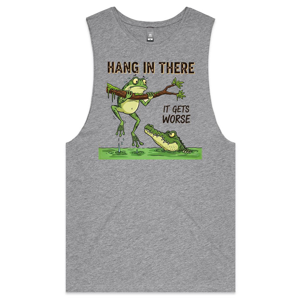 Hang In There, It Gets Worse Mens Men's AS Colour Drop Arm Tank Top Grey Marle Drop Arm Tank Top animal Printed In Australia