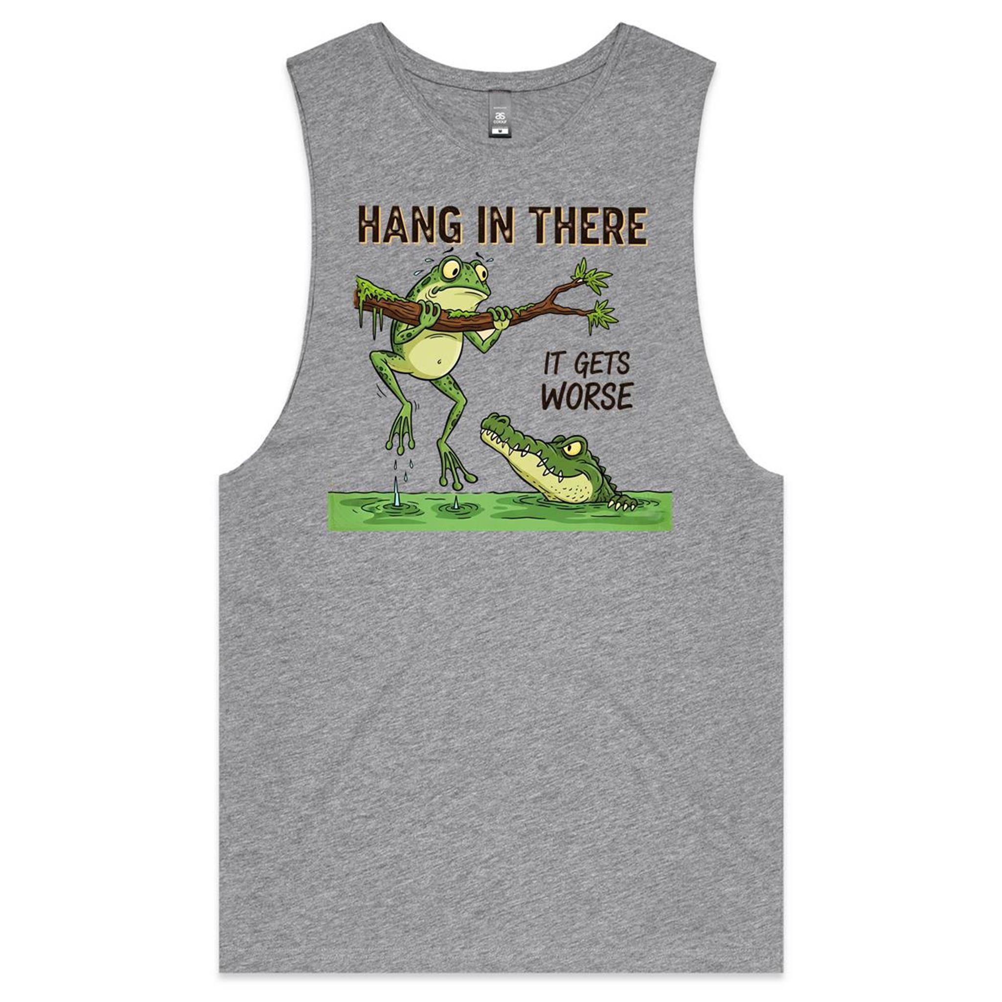 Hang In There, It Gets Worse - Mens Tank Top Tee Grey Marle Drop Arm Tank Top animal Printed In Australia