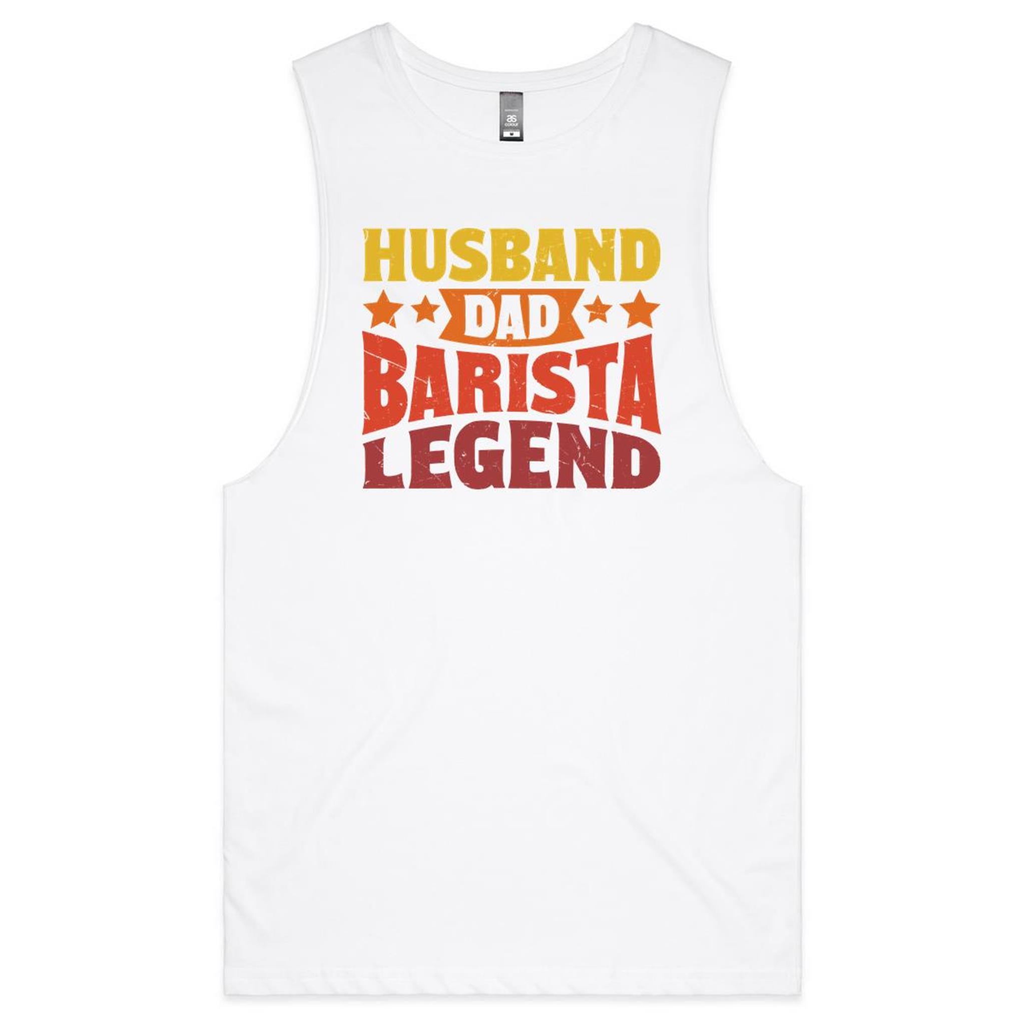 Husband, Dad, Barista, Legend Men's AS Colour Tank Top White Drop Arm Tank Top Coffee Dad Printed In Australia