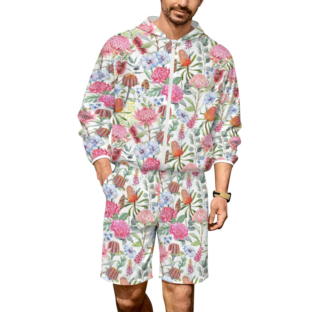 Australian Flowers Men's Lightweight Sun Hoodie & Shorts Set 4XL Men's Lightweight Sun Hoodie & Shorts Plants Printed Offshore