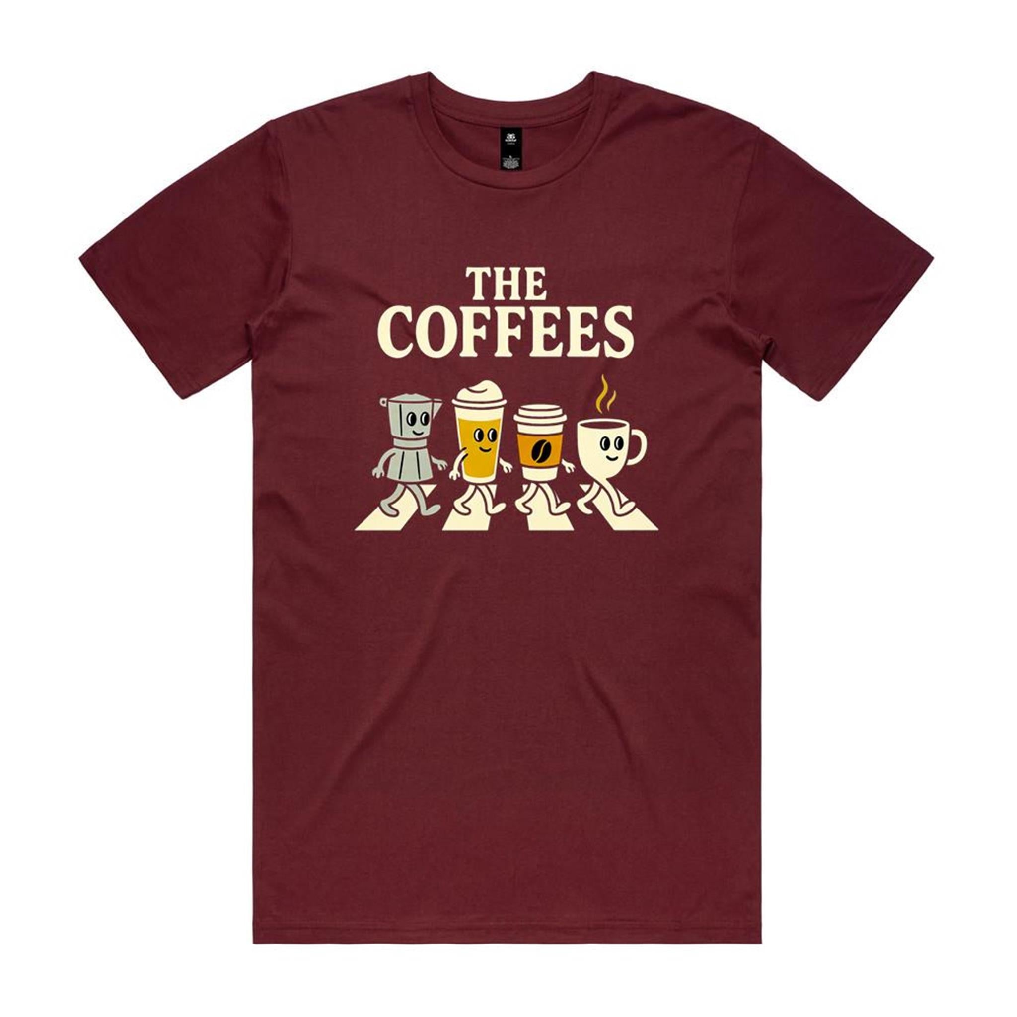 The Coffees, Crossing Road - Men's AS Colour T-shirt Burgundy Mens T-shirt Coffee Music Printed In Australia
