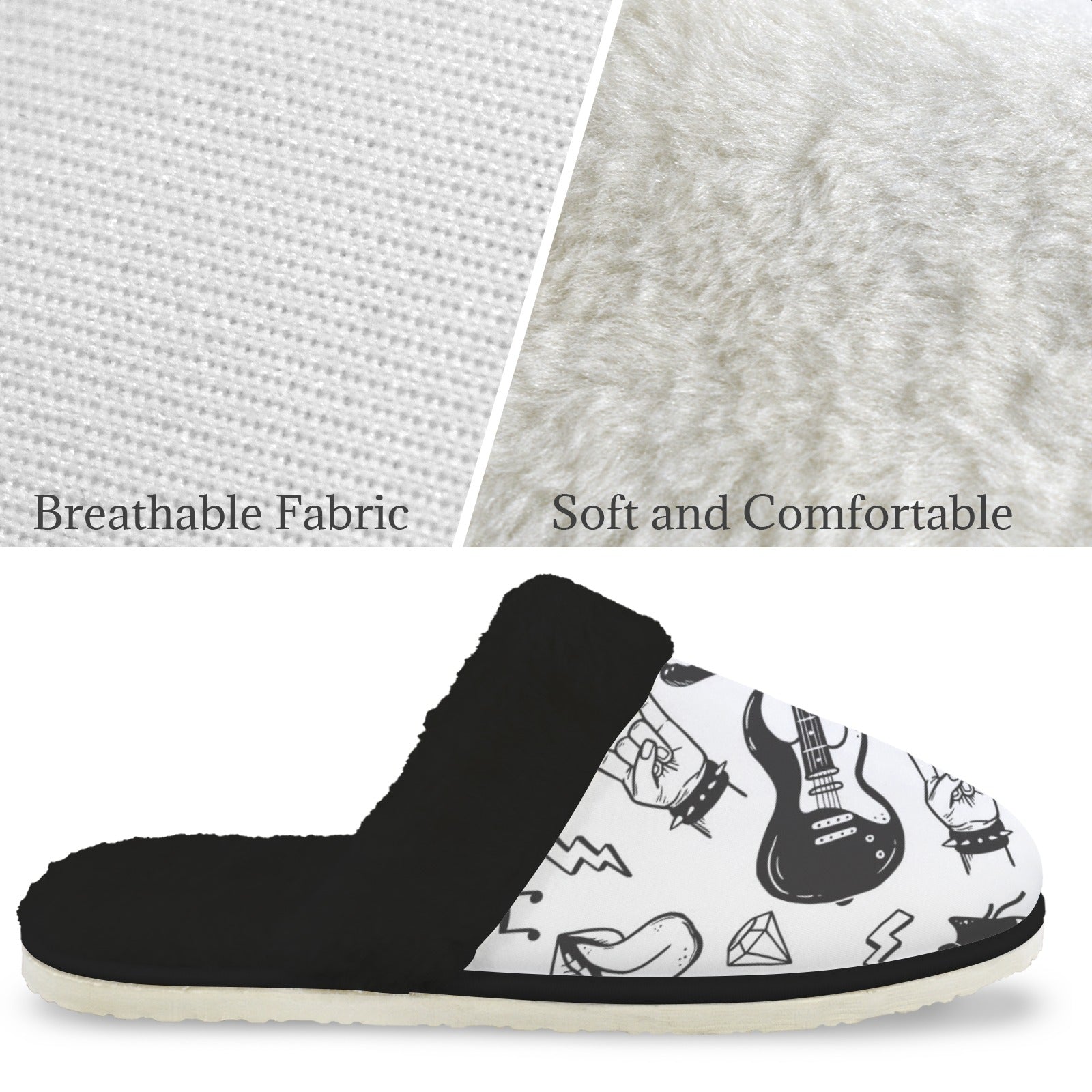 Rock Music Men's Fur Trim Thick-Sole Indoor Slippers Men's Fur Trimmed Slippers Music Printed Offshore