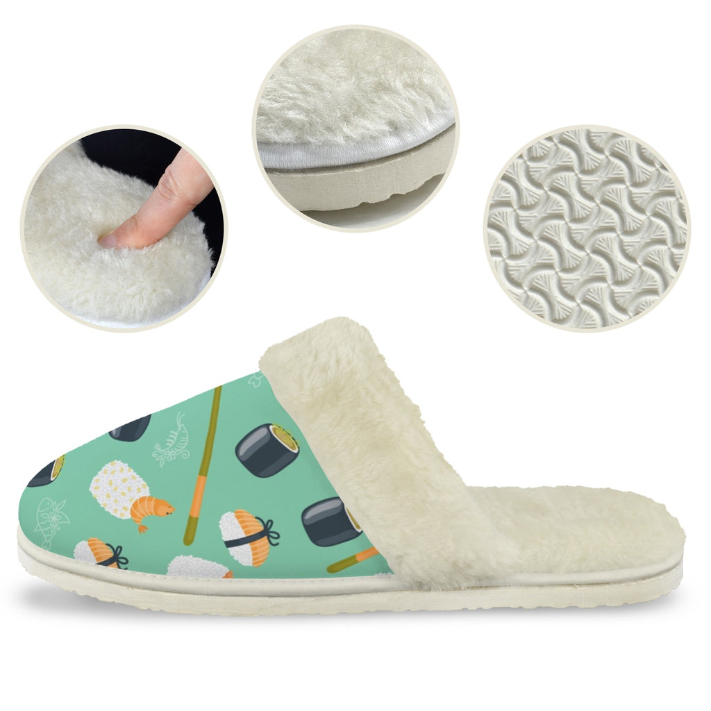 Sushi Men's Fur Trim Thick-Sole Indoor Slippers Men's Fur Trimmed Slippers Food Printed Offshore