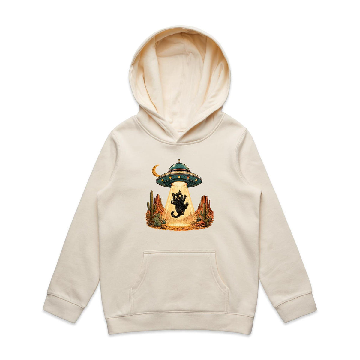 Black Cat Alien UFO Abduction Kids AS Colour Hoodie
