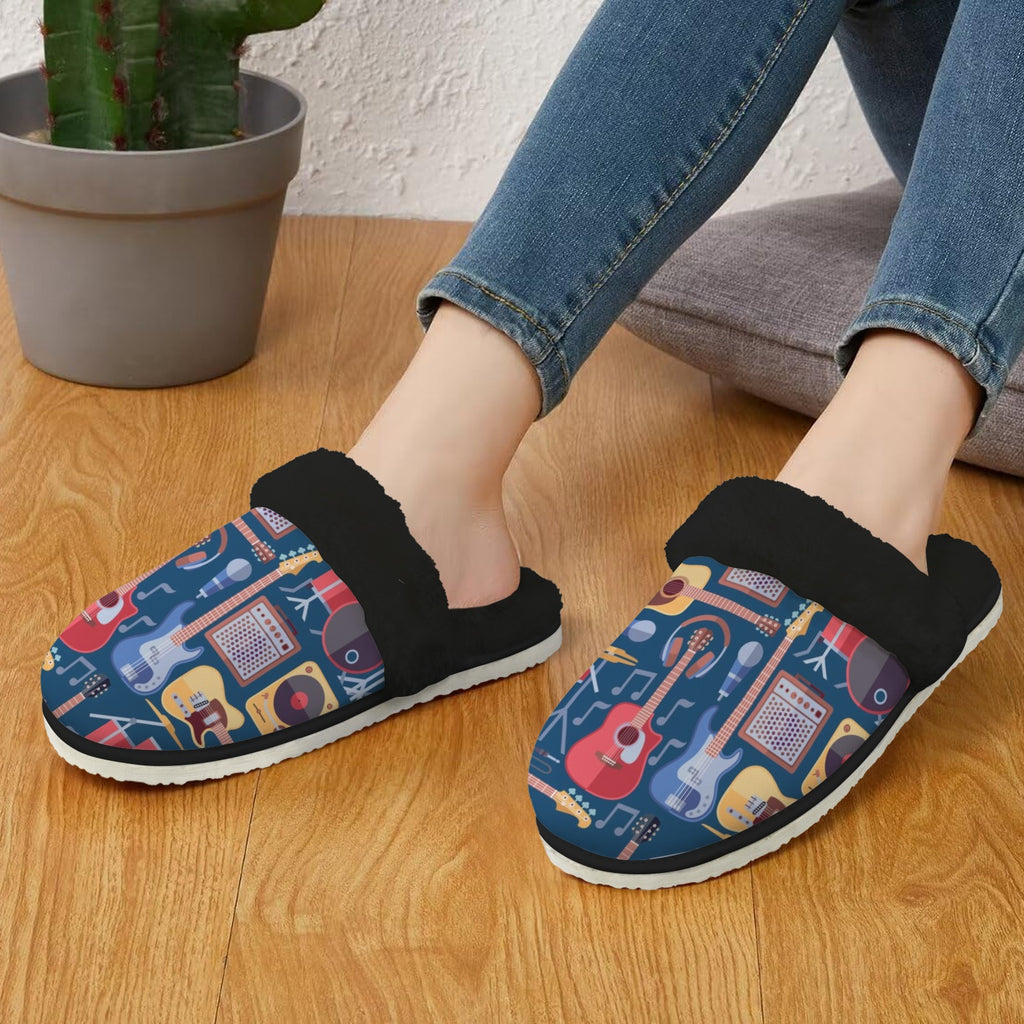 Music Instruments Women's Fur Trim Thick-Sole Indoor Slippers Women's Fur Trimmed Slippers Music Printed Offshore