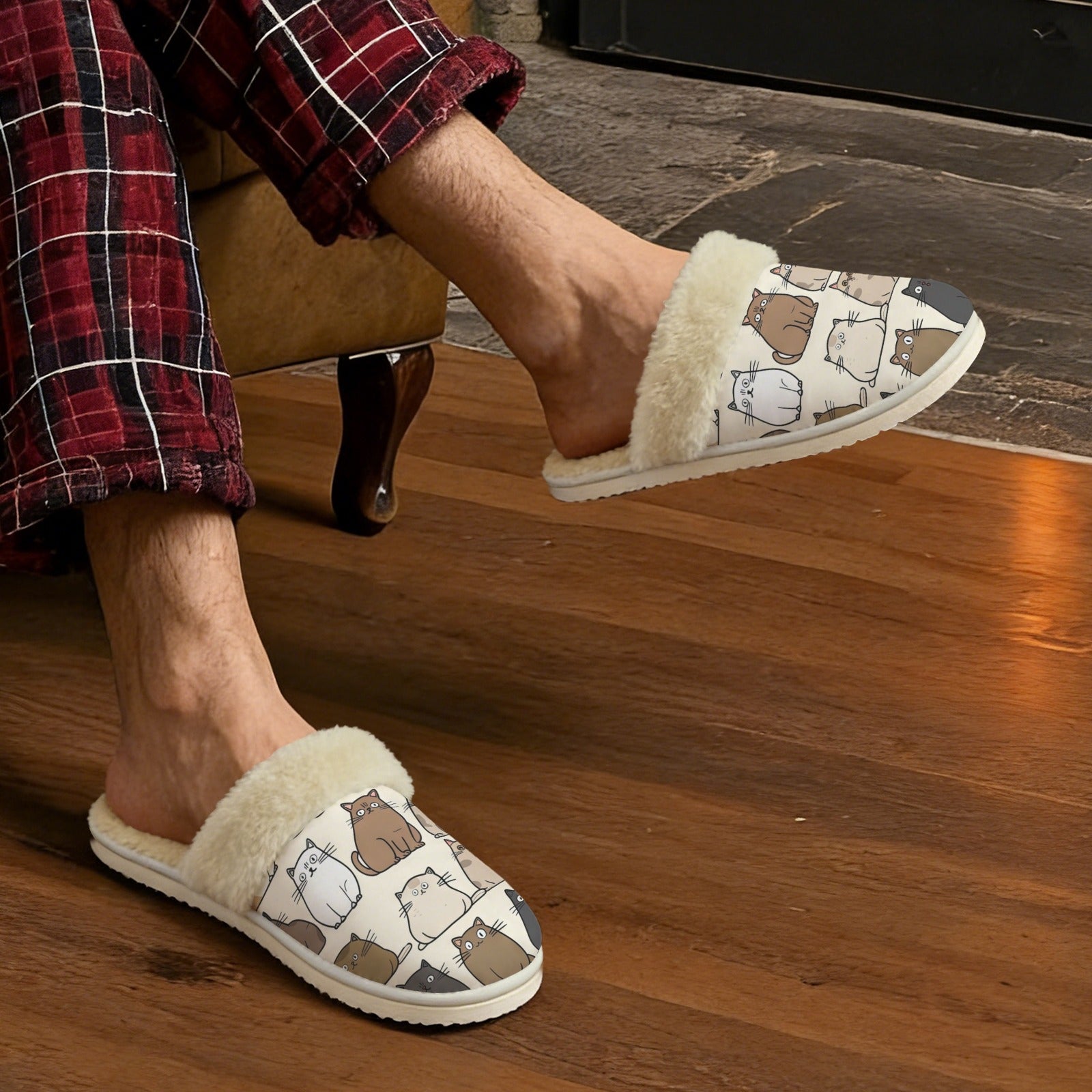Lots Of Cats Men's Fur Trim Thick-Sole Indoor Slippers Men's Fur Trimmed Slippers animal Printed Offshore
