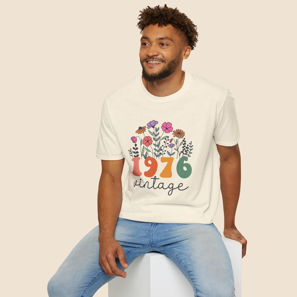 Turning 50, 1976 Vintage Floral Unisex Softstyle T-Shirt T-Shirt Australian Printer Birthday