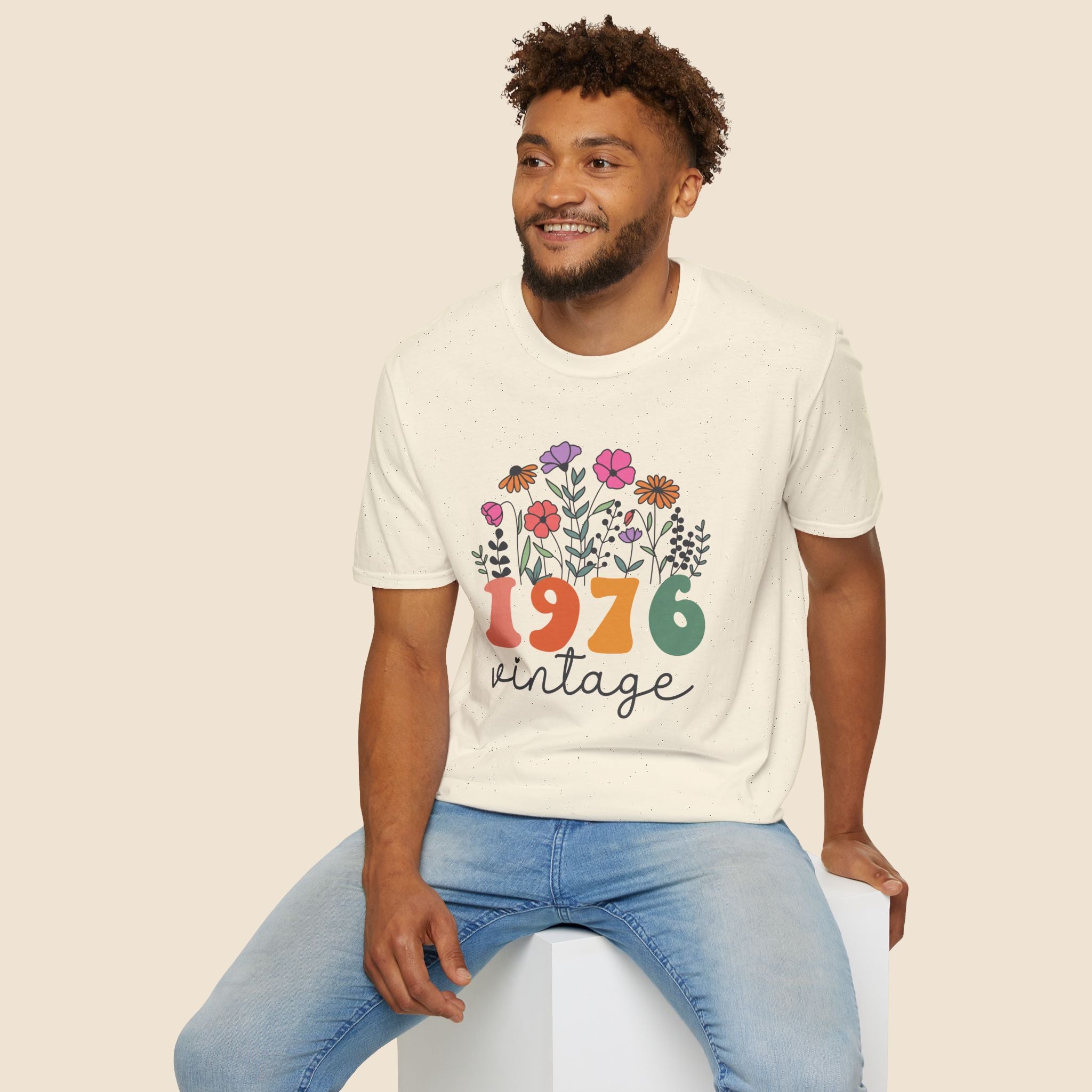 Turning 50, 1976 Vintage Floral Unisex Softstyle T-Shirt T-Shirt Australian Printer Birthday