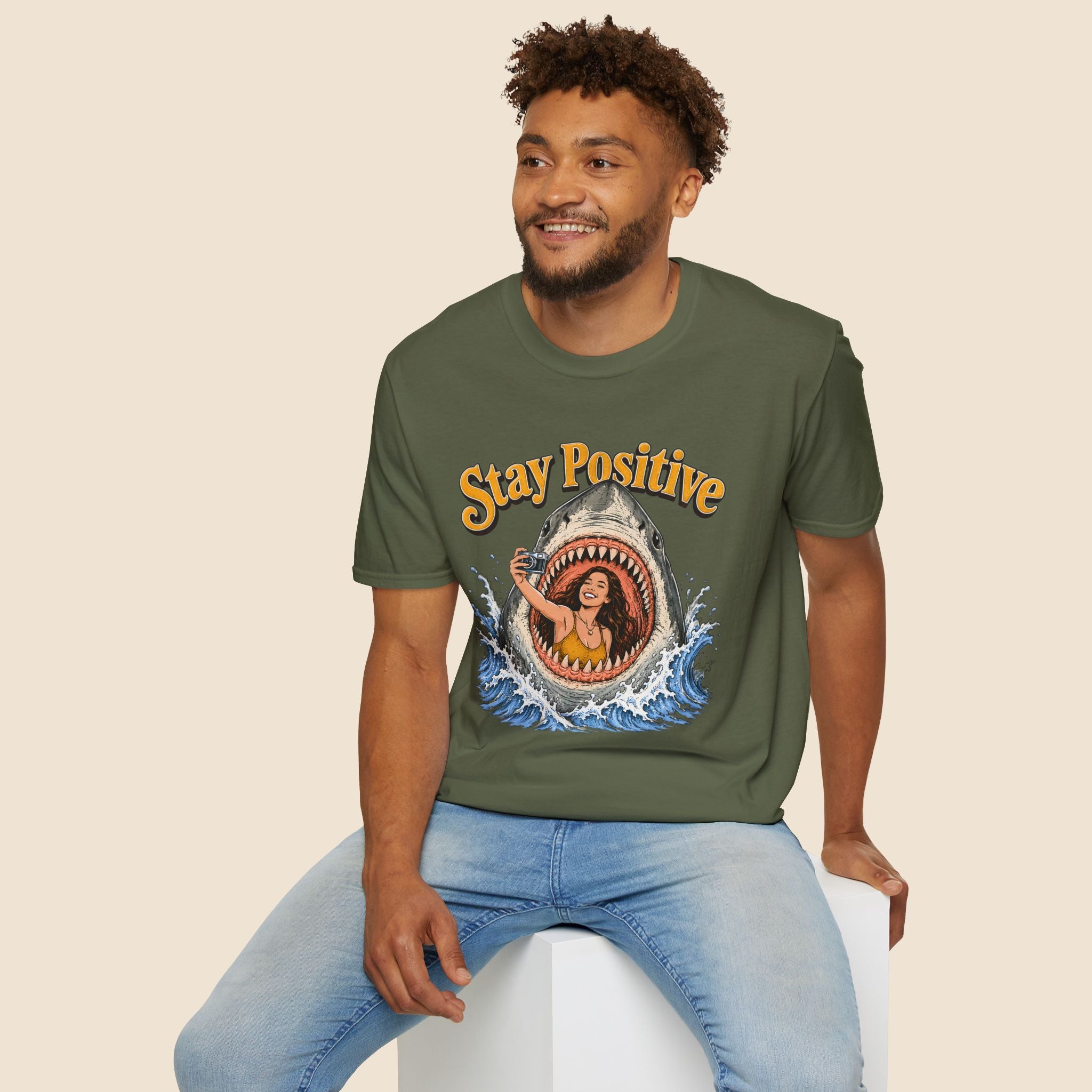 Stay Positive Shark Selfie Unisex T-Shirt Military Green Unisex Adult T-shirt Globally Fulfilled Ocean Retro