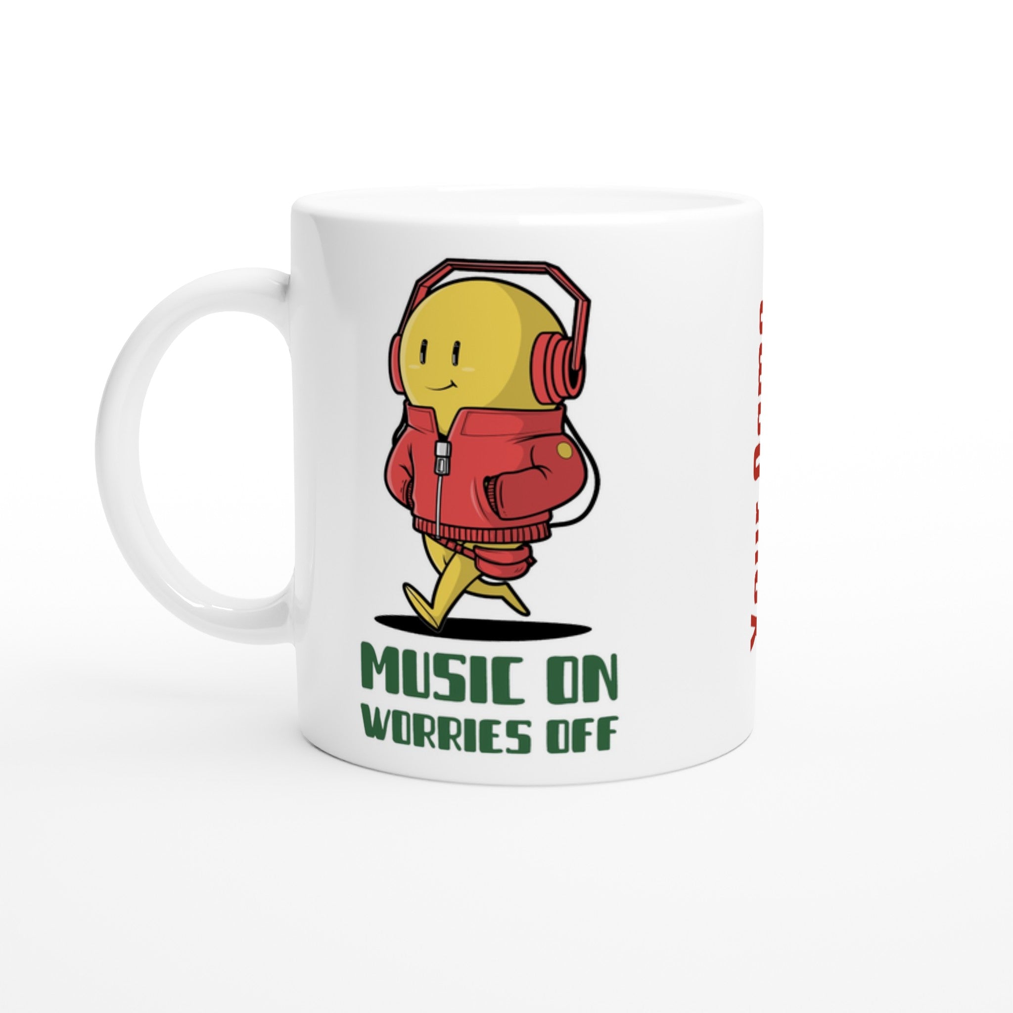 Personalised - Music On, Worries Off - White 11oz Ceramic Mug with Colour Inside Ceramic White Personalised 11oz Mug customise Globally Fulfilled Music personalise