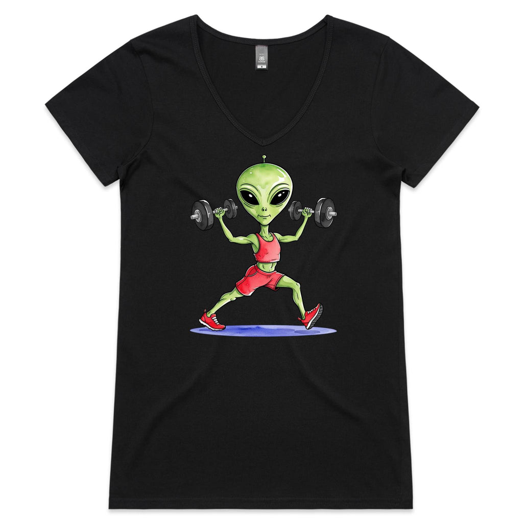 Alien Dumbells, Gym - Womens V-Neck T-Shirt Black Womens Active V-Neck T-shirt Fitness Printed In Australia