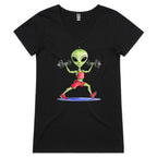Alien Dumbells, Gym - Womens V-Neck T-Shirt Black Womens Active V-Neck T-shirt Fitness Printed In Australia