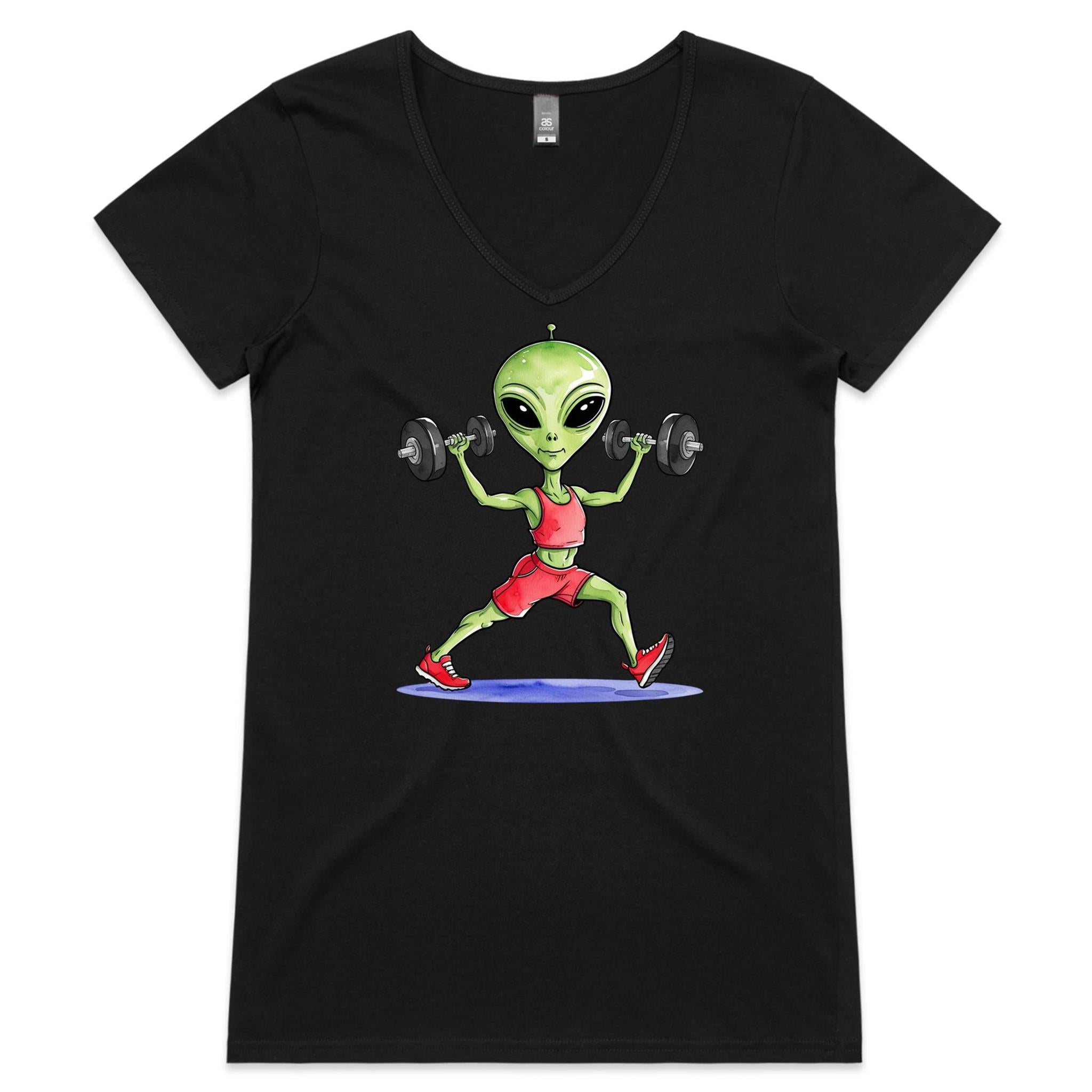 Alien Dumbells, Gym - Womens V-Neck T-Shirt Black Womens Active V-Neck T-shirt Fitness Printed In Australia