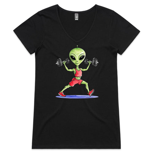 Alien Dumbells, Gym - Womens V-Neck T-Shirt Black Womens Active V-Neck T-shirt Fitness Printed In Australia