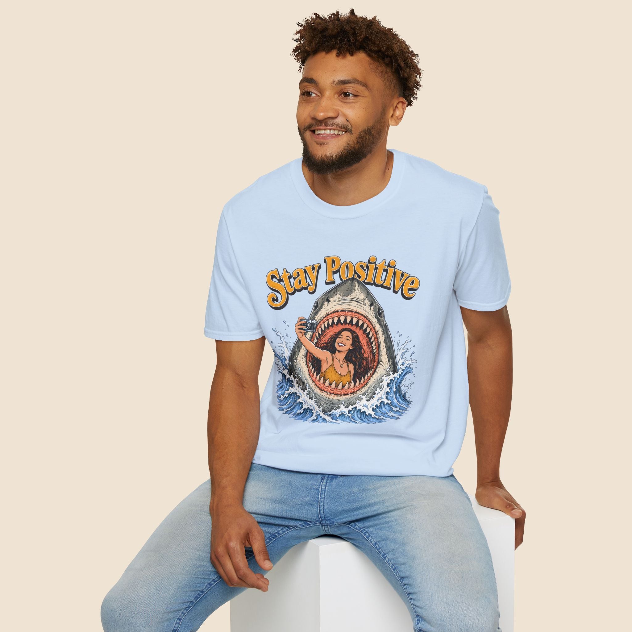 Stay Positive Shark Selfie Unisex T-Shirt Light Blue Unisex Adult T-shirt Globally Fulfilled Ocean Retro