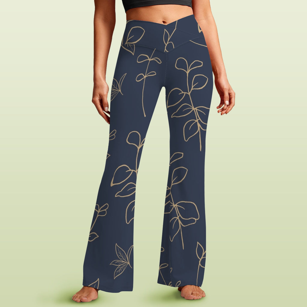 Gold Flowers On Navy High Waist Crossover Tummy Control Flare Leggings 5XL High Waist Flare Leggings Printed Offshore