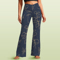 Gold Flowers On Navy High Waist Crossover Tummy Control Flare Leggings 5XL High Waist Flare Leggings Printed Offshore