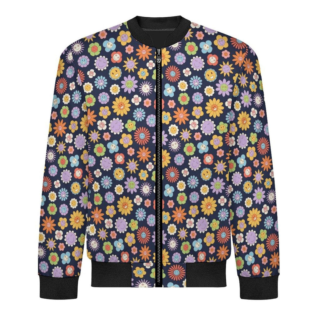 Groovy Flowers Men's Casual Zip‑Up Bomber Jacket