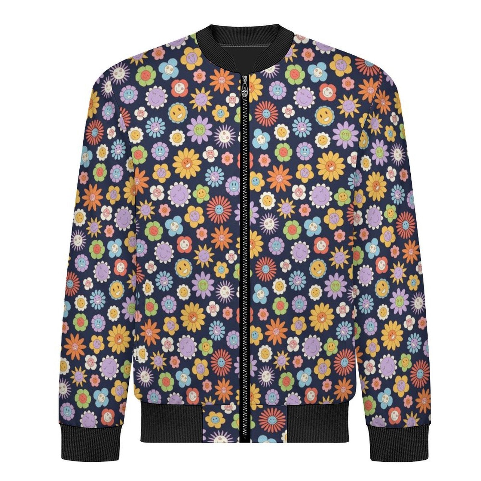 Groovy Flowers Men's Casual Zip‑Up Bomber Jacket