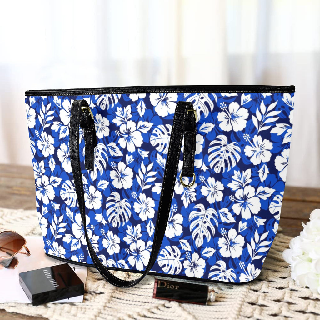 Blue Hawaiian Floral - Leather Tote Bag-Large
