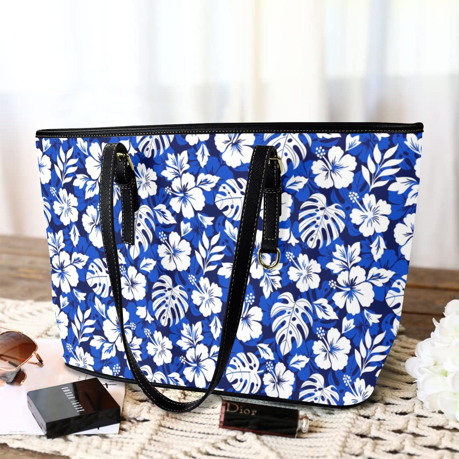Blue Hawaiian Floral - Leather Tote Bag-Large
