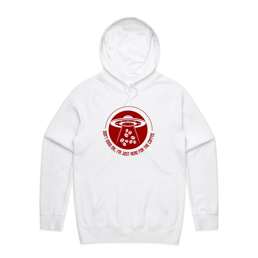 UFO, I'm Just Here For The Coffee - Mens Hoodie White Mens Hoodie Coffee Printed In Australia Sci Fi
