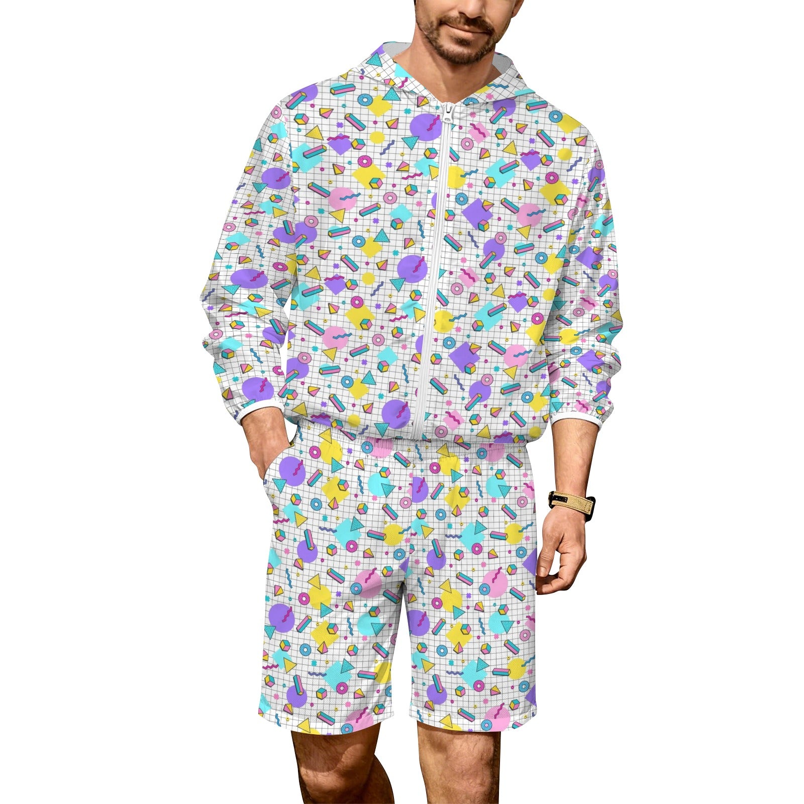 80's Grid Men's Lightweight Sun Hoodie & Shorts Set 4XL Men's Lightweight Sun Hoodie & Shorts Printed Offshore Retro