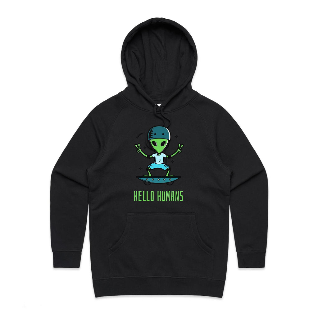 Alien, Hello Humans - Womens Hoodie Black Womens Hoodie Printed In Australia Sci Fi